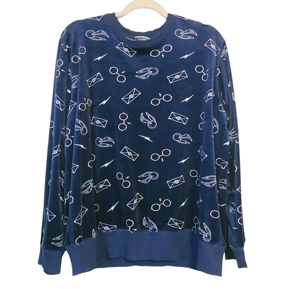 Harry Potter | Women's Blue Velour Eye Glasses Printed Lounge Shirt (Size XL)
